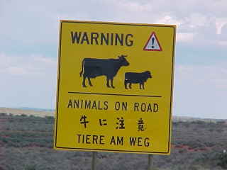 Sign reads: Warning! Animals on road [some oriental characters] Tiere am weg