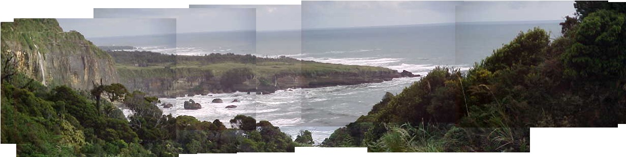 A sign here said:.  Irimahuwero - "The Place of the Hanging Red Hair" well known to generations of Maori travelers, the name came from the crimson rata flowers which festoon the coastal bluffs at the height of summer.   .  Maori travelers used the beaches under Te Miko cliff and had to scale this rock face on flax and vine ladders to reach the food rich region of Punakaiki.   in the mid 1840's, European explorers walked these coasts with Maori guides.   The west coast gold rushes of the 1860's brought thousands of diggers to these parts.   They made ascents and descents of Te Miko cliff on chain ladders with wooden rungs.   The difficult coast was later avoided via an inland pack trail and then by a coastal track which was not developed into a highway for vehicles until 1920, and not sealed until as late as 1979.   One of the early Europeans to scale this cliff by ropes - a Mr.   Thomas Brunner put his dog (uniquely named "Rover") on a platform and used him as a counterbalance to raise his supplies - so the dog went up and down on his own private elevator! (The Travel Addicts, South Island, New Zealand)