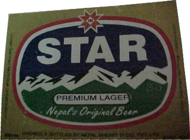 Star Lager label : Nepali beer includes: Star, Tiger (different from Singapore), Kingfisher, San Miguel and Tuborg and cost between 88-180NPR for a .5l bottle depending on how long a porter had to carry it on thier back!