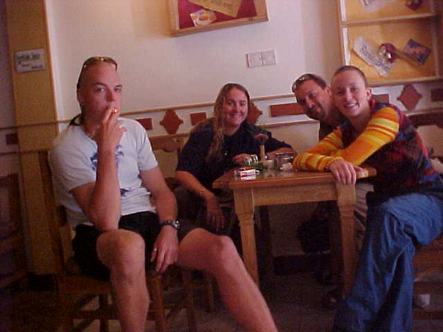 Mathias, SGK, Me and Isabella at breakfast (Nepal, The Travel Addicts)