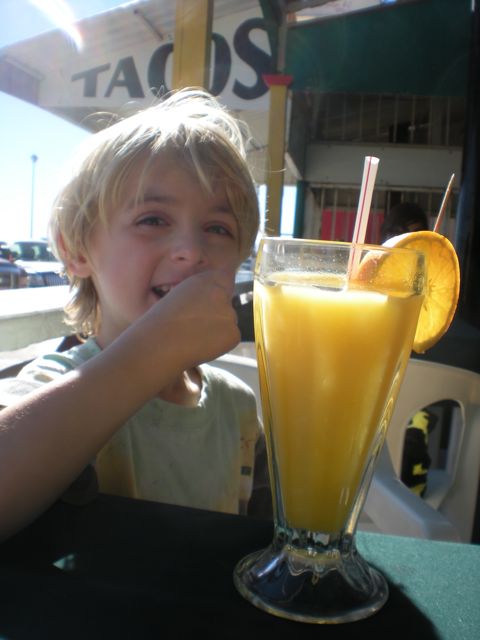 OJ at Rice & Beans : Rice & Beans is a boardwalk resturant/bar in San Felipe.  From the interior decor, it caters to off-roaders.