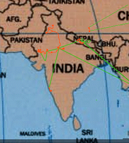 Map of the Indian subcontinent with the land route of the Traveladdicts in red and air travel in green